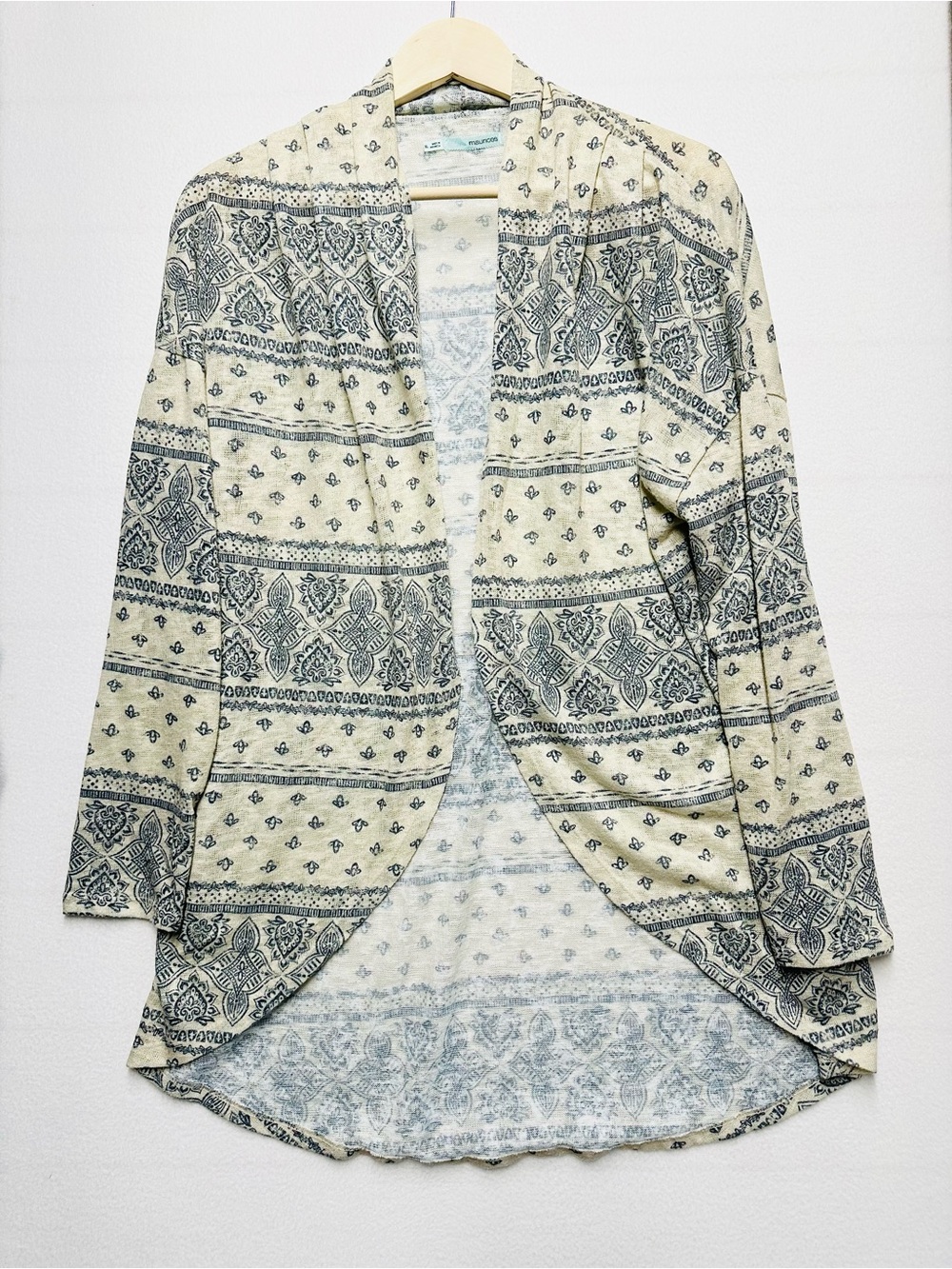 Maurices XL Boho Paisley Open Front Cardigan Duster Cream Blue Longline